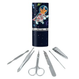 Cosmonaut Astronaut Dog in Space with Planets and Stars Stainless Steel Manicure Pedicure Grooming Beauty Care Travel Kit