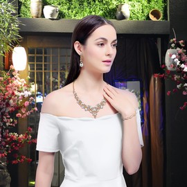 3 Pack Bridal Austrian Rhinestone Crystal Statement Necklace Link Bracelet and Teardrop Dangle Earrings Jewelry Set Gifts fit with Wedding Dress Party