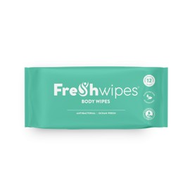 FreshWipes Antibacterial Body Wipes For Adults 1 Pack (12 Wipes) - Ocean Fresh Scent - Large Biodegradable Wet Wipes - Dermatologically Tested & Suitable for Elderly or Disabled - Great for Camping