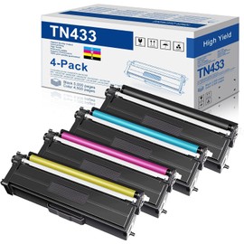TN433BK, TN433C, TN433Y, TN433M 4-Color High Yield Toner Cartridge Set, Replacement for Brother TN-433 TN433 HL-L8260CDW HL-L8360CDW MFC-L8610CDW HL-L9310CDW Printer Toner