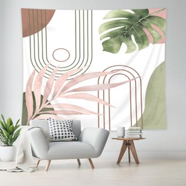 KOMLLEX Abstract Boho Mid Century Tapestry Tropical Leaves Modern Geometric Arch Minimalist Bohemian Plant Botanical Aesthetic Wall Hanging Neutral Green Pink Home Decor Art for Bedroom Dorm 59Wx51H