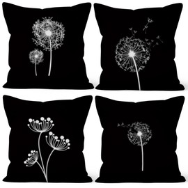 Aoihrraan 18 x 18 Inch Dandelion Cushion Covers Spring Natural Flower Painting White And Black Square Linen Throw Pillow Covers Farmhouse Sofa Living Room Outdoor Garden Couch, 46x46cm Set of 4