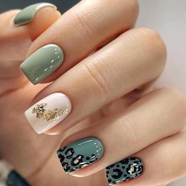 Press On Nails Short,Acrylic Nails Press on,Short Square Press on Nails Fake Nails Glossy Green False Nails with Leopard Print Gold Foil Press ons Design Artificial Nails Stick on Nails for Women24Pcs