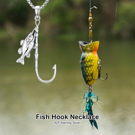 SIMONLY Fish Hook Necklace for Men 925 Sterling Silver Fish Pendant Necklace Fish Jewelry for Fishing Enthusiasts Christmas Father Day Gift