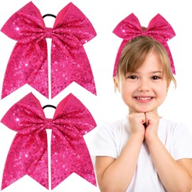 2 PCS 8" Large Glitter Cheer Bows Sequin Cheer Hair Bows Handmade for Jumbo Cheerleading Teen Girls Sports (Rose)