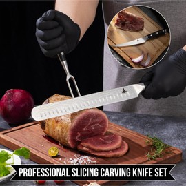 Professional Slicing Carving Knife Set for Meat, 12" Brisket Knife + 6" Boning Knife + 6" Carving Fork & 2 Sheath Covers for BBQ Meat Cutting, Razor Sharp German Steel - Full Tang & Ergonomic Handle