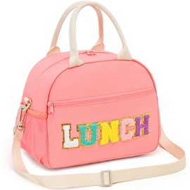 Lunch Bag for Women, Large Insulated Lunch Bag with Chenille Letter, Preppy Lunch Box for Work, Reusable Lunch Tote Bag with Adjustable Shoulder Straps, Portable Lunch Cooler for Picnic Pink