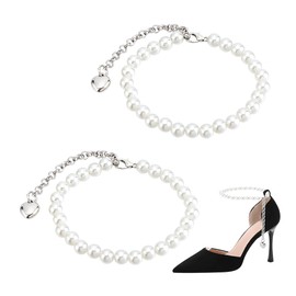 PH PandaHall Platinum High Heel Shoe Straps Pearl Beaded Shoe Laces for Holding Loose High Heel Shoes, Detachable Anti-Loose Anklets Shoelace Accessories Replacement Ankle Straps for Heels, 1 Pair