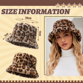 JSTHHTT 2PCS Winter Warm Furry Bucket Hat, Women Fluffy Fisherman Hat, Women's Leopard Print Faux Fur Bucket Hat, Winter Warmer Plush Fisherman Cap, or Women Girls and Couples Brown