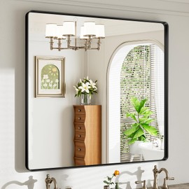 REYPEK 40x38 Black Bathroom Mirror for Over Sink, Metal Framed Vanity Mirror Wall Mounted, Rectangle Mirror for Bedroom Living Room Restroom Entryway, Anti-Rust, HD Tempered Glass