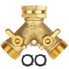 Garden Hose Splitter 2 Way Heavy Duty, Brass Faucet Adapter With Long Handle For Gardening Water Hose Shut Off Valve Hose Connector Fittings Outdoor Water Spigot Hose Bib Y Splitter