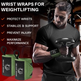 TECEUM Weightlifting Wrist Wraps with Thumb Loop – Military Green – Beast Mode – 12 inch – Heavy-Duty Workout Wrist Support & Protection – Ideal for Powerlifting, Strength Training, Bodybuilding