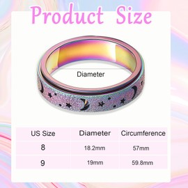 UxClishe 2Pcs Anxiety Rings Spinner, Rotating Star Moon Stainless Steel Rotating Fidget Ring with Laser Transparent Ziplock Bag, Stress Relief Jewelry, for Wedding Band Ring Engagement Promise (8)