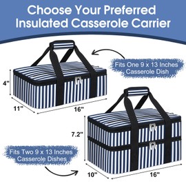 Double Insulated Casserole Carrier, Portable Casserole Carrier for Hot or Cold Food Lunch Tote Warmer or Cooler Bag, Lasagna Lunch Bag for Potluck Parties- Fits 9" x 13" Baking Dish-Blue Stripes