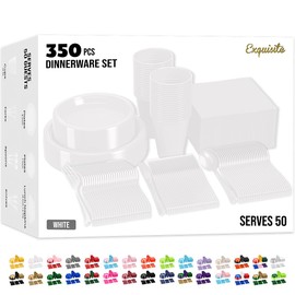 350 Pcs White Plastic Plates For Party, White Disposable Plates Set, 50 Of Each 9" Dinner Plate Set, 7" Dessert Plate, Cups, Napkins & Cutlery Plastic Dinnerware Party Solids