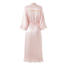 Polar Rabbit Women's Long Bride Bridesmaid Kimono Robes with Lace Trim Embroidery Bridal Silky Satin Bathrobe Wedding Party Sleepwear, Bridesmaid pink