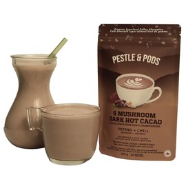 Pestle and Pods 5 Mushroom Dark Hot Cacao Powder, Coffee Alternative | Organic | Unsweetened | Vegan | No Added Sugar | 100 % Organic Real Raw Cacao, Canadian Grown Mushrooms Reishi, Chaga, Turkey Tail, Cordyceps, Lion's Mane | Jitter-free focus | Very L