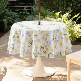 Round Outdoor Tablecloth 150cm - Tablecloth with Parasol Hole and Zipper, Wipeable Table Cloth Floral Waterproof Table Cover Circular Wipe Clean Tablecloths for Garden Table, Patio, Picnic,White Daisy