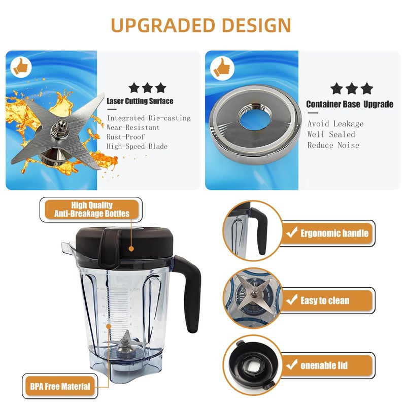 Blender Pitcher 64 oz Low-Profile Container, Compatible with 5200, 750,