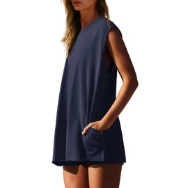 Nirovien Lounge Sets for Women Two Piece Workout Sets with Pockets Summer 2 Piece Outfits Matching Set(Navy Blue,L)