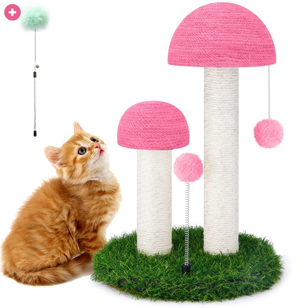 Odoland Cat Scratching Post Mushroom Natural Durable Sisal Board Scratcher for Kitty’s Health and Good Behavior, Furniture Scratch Deterrent Accessories for Cats Pink