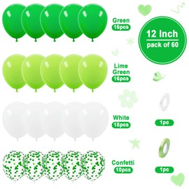 Green White Balloons, Ousuga 60 pcs 12 Inch Matte White Lime Green Confetti Latex Balloons Set For Boys Men Birthday Jungle Safari Baby Shower Wedding Anniversary Engagement Dinosaur Party Decorations