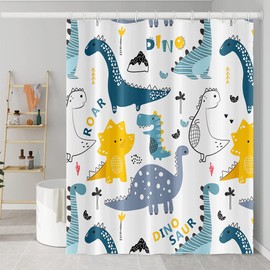 Umpoo Cartoon Dinosaur Shower Curtains Colorful Cute Dino Funny Animals Pattern for Kids Neutral Shower Curtain Waterproof Fabric Polyester Accessories with 12 Hooks, 72x78 Inch