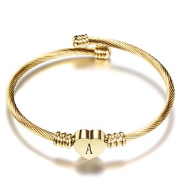 Chili Jewelry Women Gold Plated Heart Initial A-Z Letter Cuff Bracelets Expandable Stainless Steel Birthday Jewelry (A-Letter)