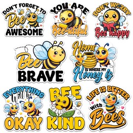 Bee Sticker 8 Pcs (Large Size) Vinyl Stickers Laptop Waterproof Decal for Car Bumper Water Bottle Notebook Luggage Window Funny Party Birthday Decorations - Size 4 Inches