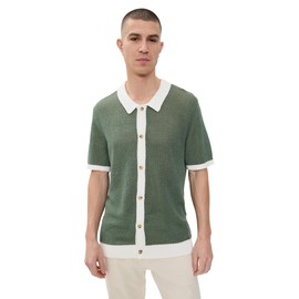 Onia Men's Linen Short Sleeve Button Up Sweater, Seaspray/White, L