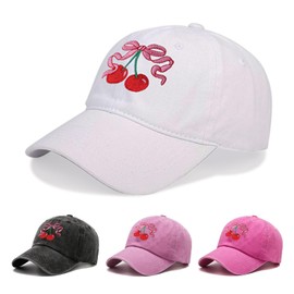 Women's Cherry Bow Embroidered Baseball Cap Casual Wash Cotton Dad Hat Vintage Distressed Sun Hat for Daily, Outdoor
