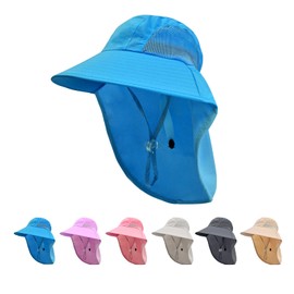 Rosoz Kids Sun Hat with Neck Flap UV Protection Summer Toddler Beach Hat Unisex Ponytail Hat Wide Brim Fishing Hat