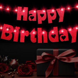Ireer Light up Happy Birthday Banner for Valentine‘s Day Red and Pink Valentine‘s Day Decorations Hanging Paper Garland for Birthday Party Decorations 6.6 Feet in Length