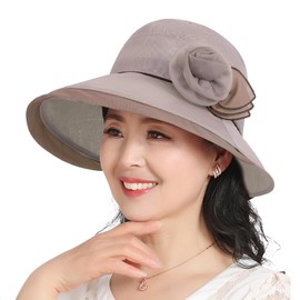 Women Vintage Floral Sun Hat Big Brim Organza Bucket Hat Summer Beach Cap Tea Party Wedding Fascinator Church Hats Khaki
