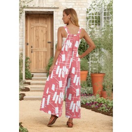 IWOLLENCE Women's Summer Jumpsuits Boho Wide Leg Overalls Casual Loose Rompers with Pockets 2024 Pink White Square Medium