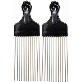 LUXXII 2 Pack 9" Metal Afro Pick Comb for Curly Hair, Wide Tooth Hair Pick for Volume & Lift, Black Fist Hair Comb for Natural, Thick, Coily, Textured Hair, Wig & Beard Styling