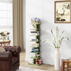 TUTOTAK Bookshelf, 8-Tier Bookcase, Narrow Spine Book Shelf for Small Space, Corner Standing Shelf for Living Room, Office, Study, Entryway, Olive Green BS06BOG008