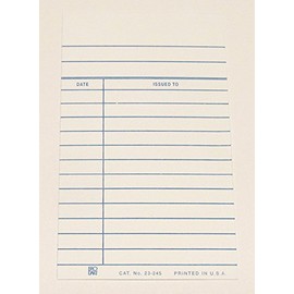25 Pack of BRODART MEDIUM-WEIGHT, WHITE BOOK CARDS WITH RULED TOP, DATE, AND ISSUED TO