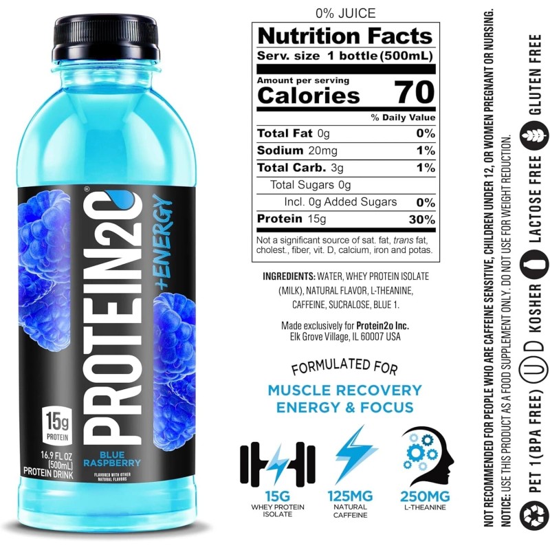 Protein2o 15g Whey Protein Infused Water Plus Energy, Blueberry Raspberry,