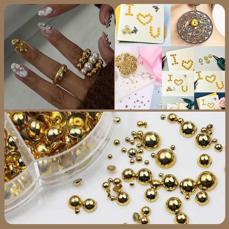 GZMAYUEN 920pcs Gold Silver Flatback Beads for Nails, Semi-Round White