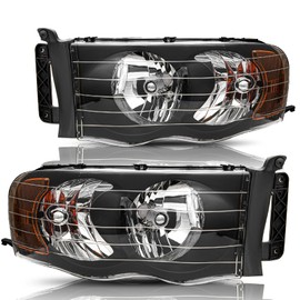 BRYGHT Headlight Assembly Fit for 2002-2005 Dodge Ram 1500 Pickup and 2003-2005 Dodge Ram 2500/3500 Pickup Passenger and Driver Side Halogen Replacement OE Headlamp Black Housing & Amber Reflector