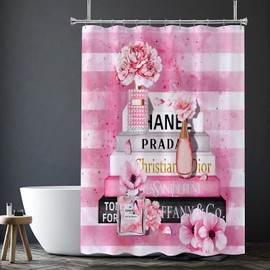 MULTIC Fashion Shower Curtain, Pink & Black Luxury Shower Curtains Girly Floral Perfume Striped Shower Curtains Waterproof Polyester Fabric for Bathroom Decor with 12 Hooks, 72 x 72 Inches