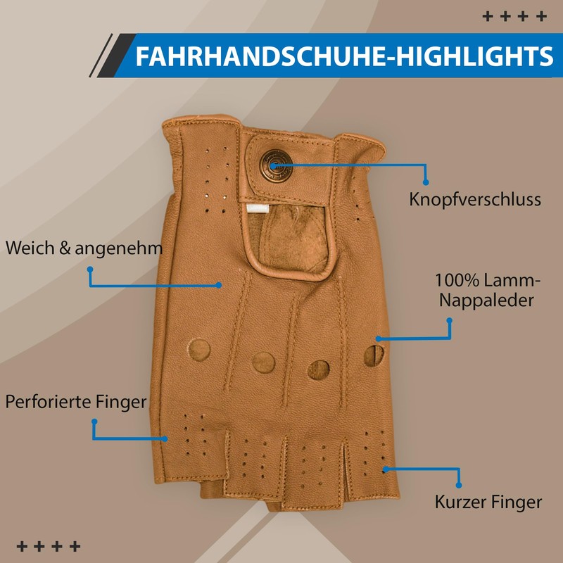 German Wear Driving Half Finger Fingerless Driving Leather Gloves (Caramel,