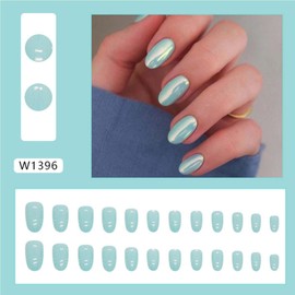 Chrome Press on Nails Short Oval Fake Nails Light Blue False Nails With Design Aurora Full Cover Acrylic Nails Solid Color Glossy Glue on Nails Stick on Nails for Women Girls Manicure 24Pcs