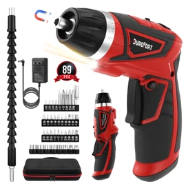 DuroFort Cordless Electric Screwdriver Set, 8V 10Nm Rechargeable Power Electric Drill, Battery Screw Gun with Driver Bit, 320RPM/10+1 Torque, 2 Position Handle, Flexible Shaft LED Light (Red, 89Pcs)