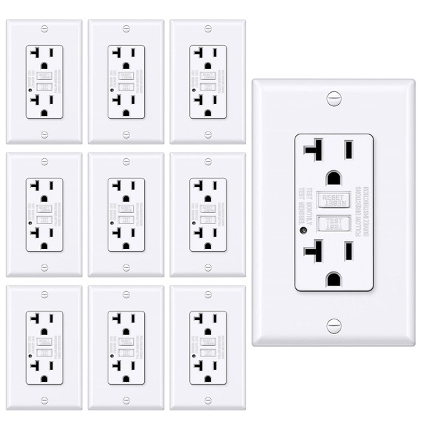 [10 Pack] BESTTEN 20 Amp GFCI Outlet, GFI Outlet with LED Indicator, Ground Fault Circuit Interrupter, Non-Tamper-Resistant, Wallplate Included, ETL Certified, White
