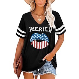 AIMITAG American Flag V-Neck T Shirt Women 4th of July Memorial Day Gift Tops Tee USA Stars Stripes Patriotic Shirt Summer Top（Small,Black14