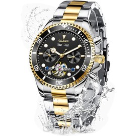 OLEVS Automatic Watches for Men Self Winding Classic Designer Tourbillon Stainless Steel Waterproof Luminous Male Wrist Watches (Gold and Black)