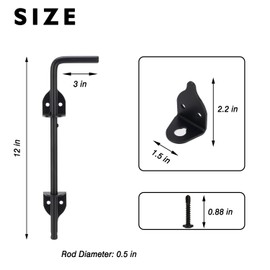 12" Cane Bolt Heavy Duty Gate Drop Rod, Hardware Ground Latch Gate Stopper Gate Hardware, Solid Steel Cane Bolts for Wood Fences PVC Vinyl Metal Gates Fences Doors (Black Finish 2 Pack)