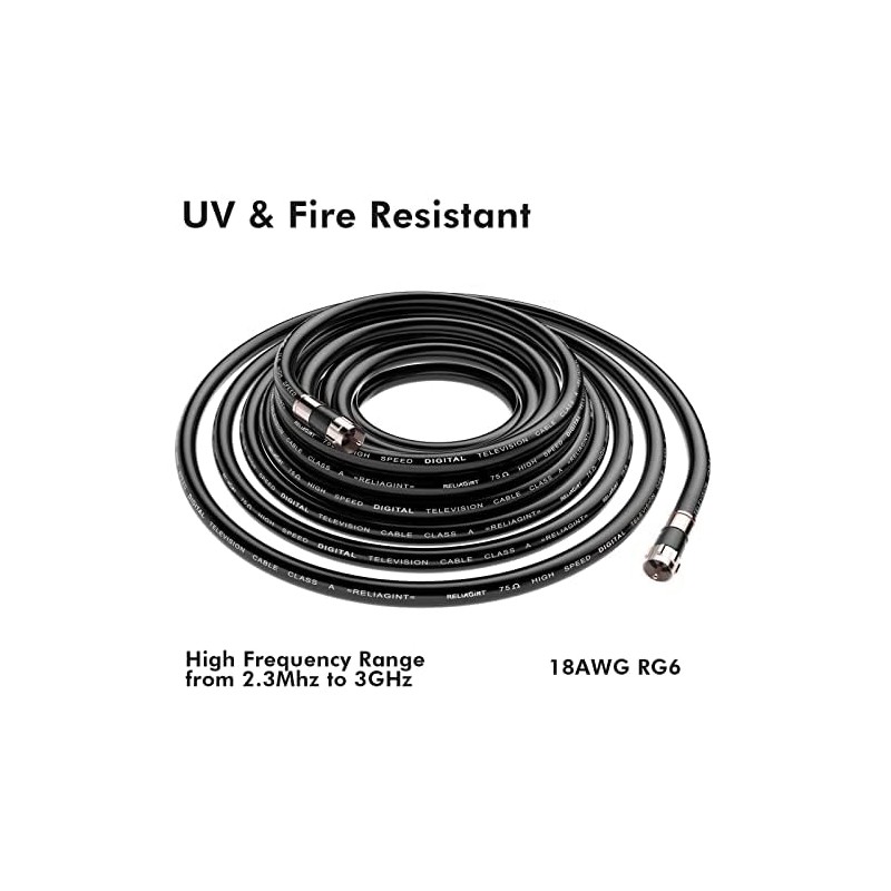 RELIAGINT 10ft, Black RG6 Coaxial Cable with F Connector,F81/RF Double